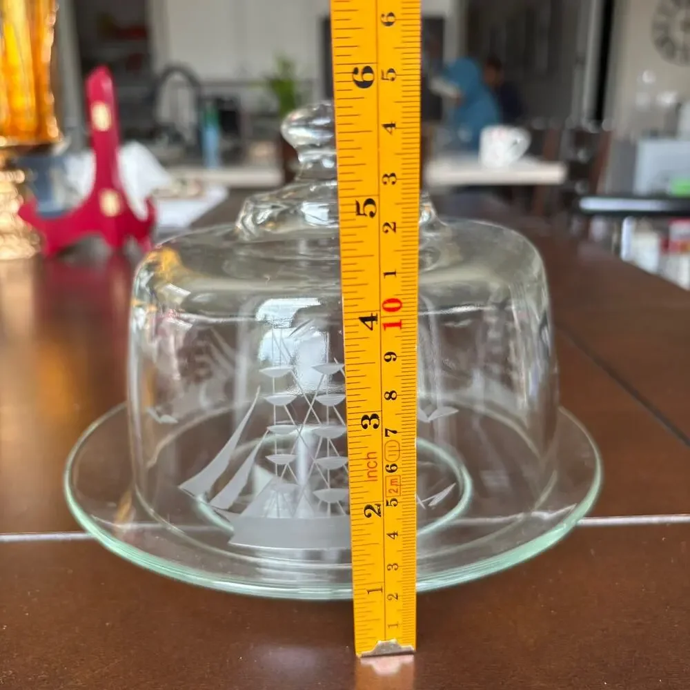 Vintage Etched Glass Cheese Dome w Plate Nautical Ship Cloche Butter DishCoastal